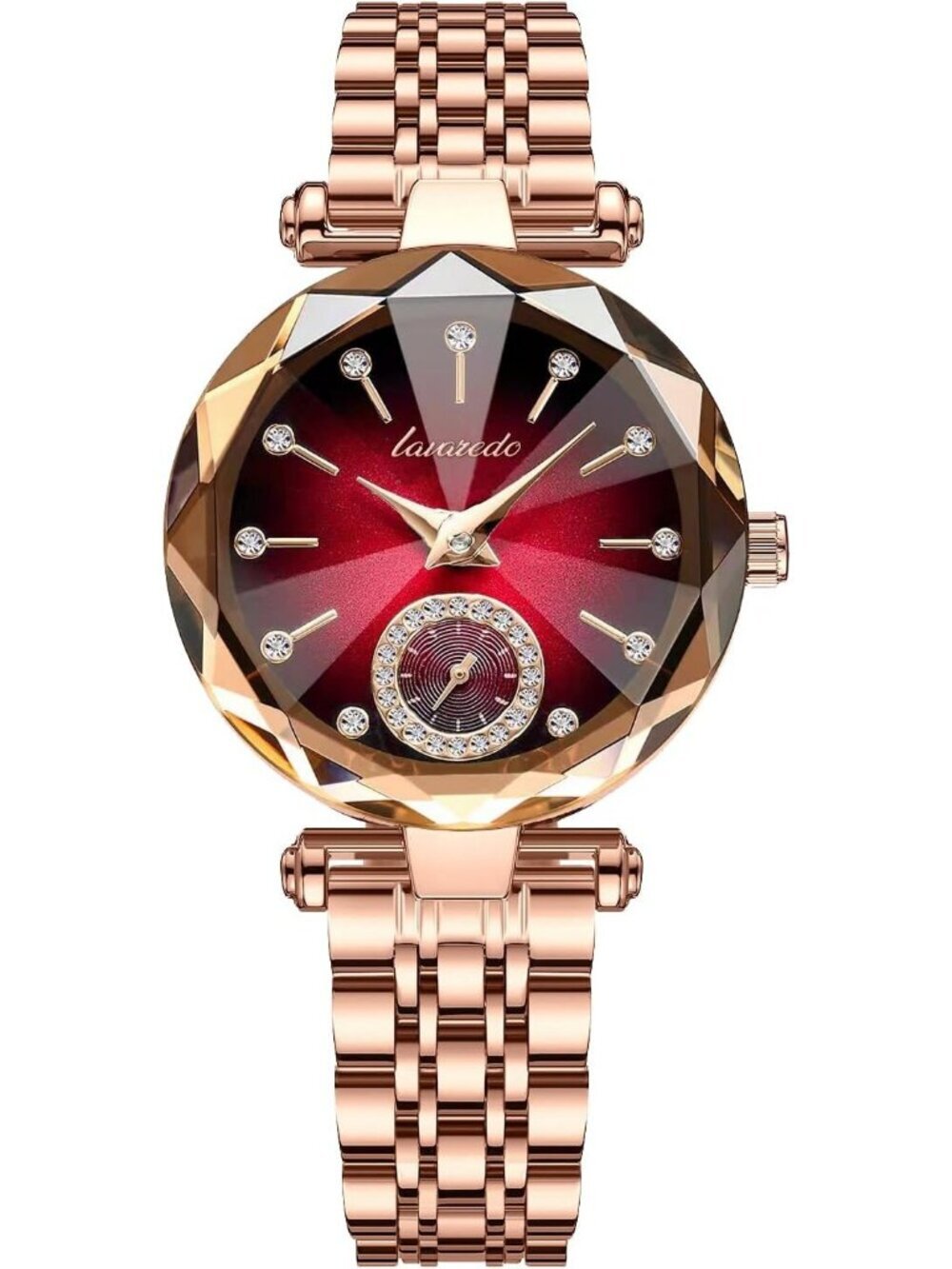 Womens Gold Red Elegant Stainless Steel Analog Creative Diamond Dial Wrist Watch